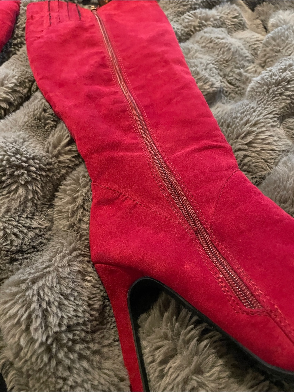 Red suede knee-high heeled dress boots